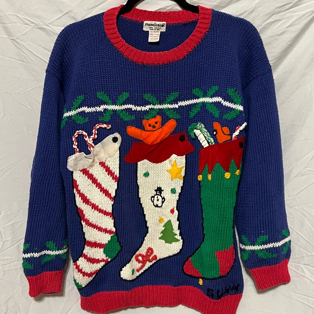 M/L 1980s Vintage knitted Holiday Christmas Stocking Toys Winter sweater